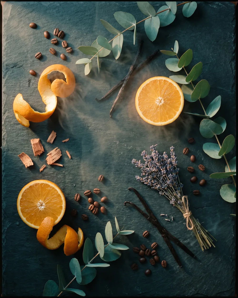 Ingredientes naturales de aroma: naranja, eucalipto, lavanda, vainilla y café sobre pizarra