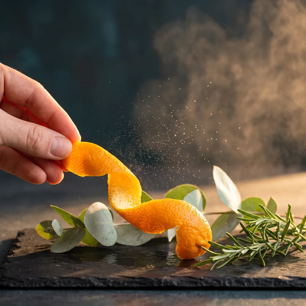 Aroma puro: cáscara de naranja liberando su esencia en una micro-niebla seca